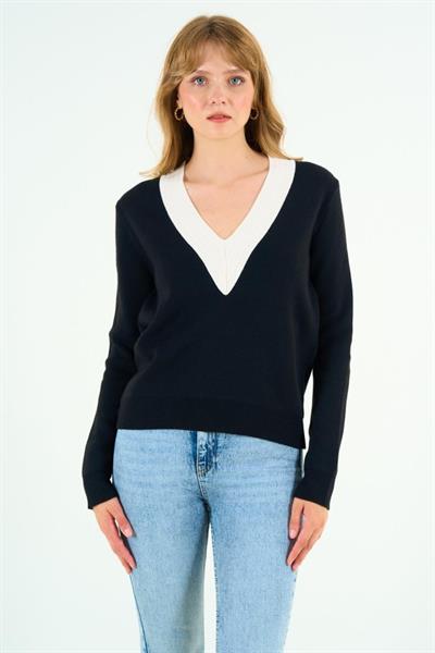 V Yaka Triko Kazak - Siyah-Krem