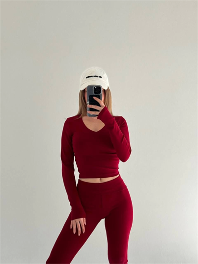 V Yaka Uzun Kollu Bluz İspanyol Paçalı Tayt İkili Takım - Bordo