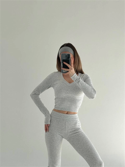 V Yaka Uzun Kollu Bluz İspanyol Paçalı Tayt İkili Takım - Gri