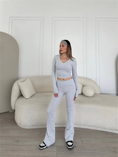 V Yaka Uzun Kollu Bluz İspanyol Paçalı Tayt İkili Takım - Gri