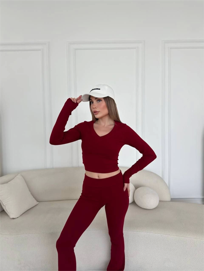 V Yaka Uzun Kollu Bluz İspanyol Paçalı Tayt İkili Takım - Bordo