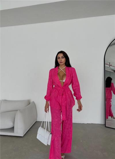 VİSKON JAKARLI BAĞLAMALI GÖMLEK - PANTOLON TAKIM - Fuşya
