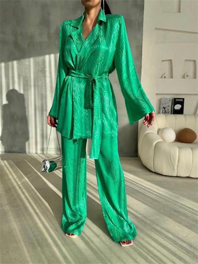 VİSKON JAKARLI BAĞLAMALI GÖMLEK - PANTOLON TAKIM - Yeşil