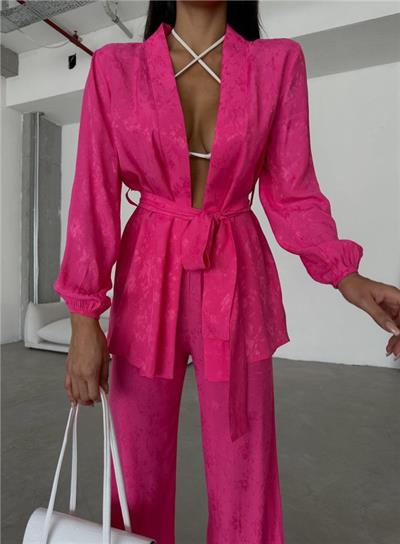 VİSKON JAKARLI BAĞLAMALI GÖMLEK - PANTOLON TAKIM - Fuşya