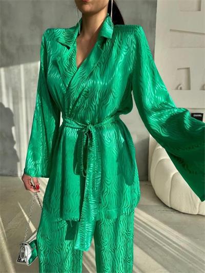 VİSKON JAKARLI BAĞLAMALI GÖMLEK - PANTOLON TAKIM - Yeşil