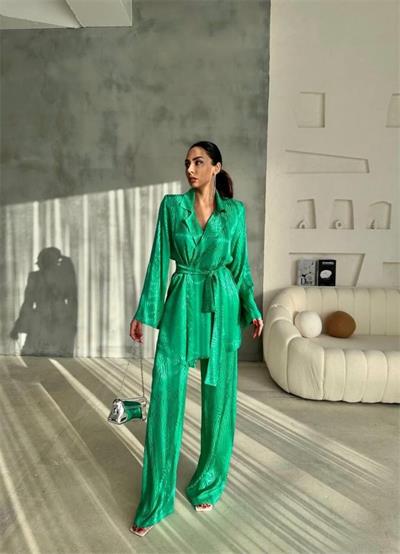 VİSKON JAKARLI BAĞLAMALI GÖMLEK - PANTOLON TAKIM - Yeşil