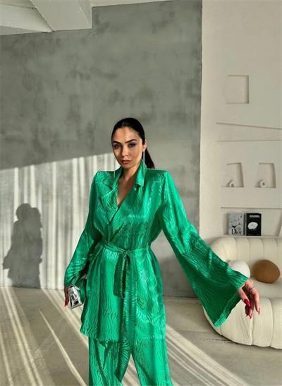 VİSKON JAKARLI BAĞLAMALI GÖMLEK - PANTOLON TAKIM - Yeşil