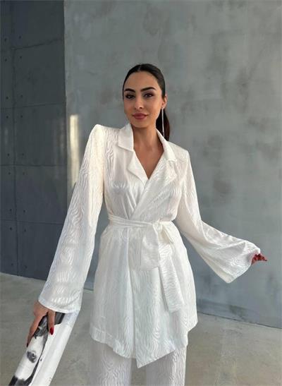 VİSKON JAKARLI BAĞLAMALI GÖMLEK - PANTOLON TAKIM - Beyaz