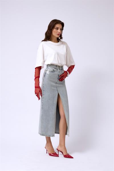 Varak Baskılı Yırtmaçlı Maxi Denim Etek