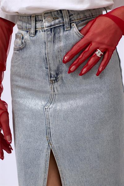 Varak Baskılı Yırtmaçlı Maxi Denim Etek