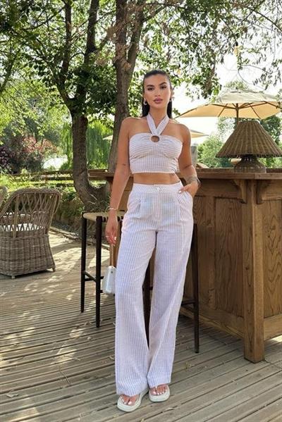 Vesna Keten Çizgili Crop Takım 9806-0025
