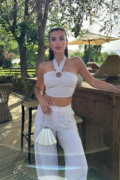 Vesna Keten Çizgili Crop Takım 9806-0025