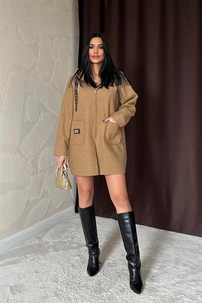 Vizon Armalı Kapşonlu Peluş Ceket