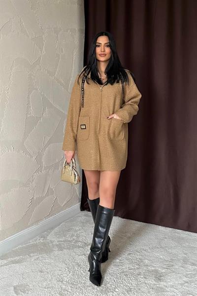 Vizon Armalı Kapşonlu Peluş Ceket