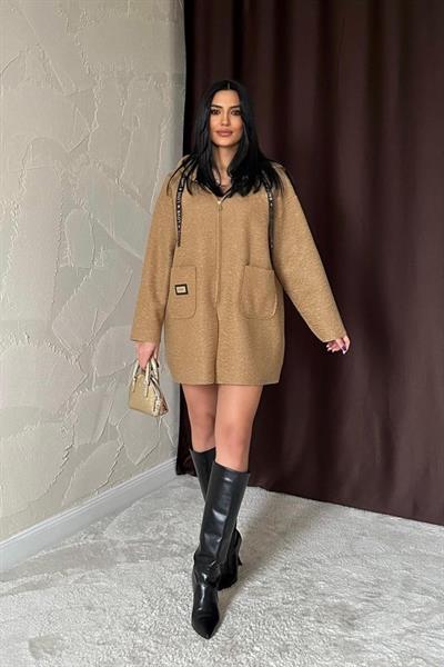 Vizon Armalı Kapşonlu Peluş Ceket