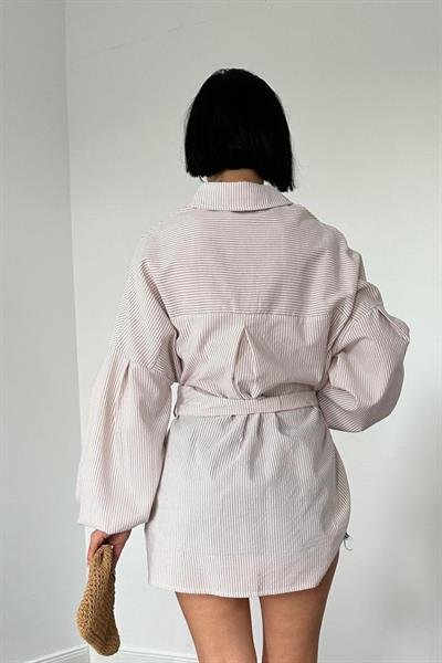 Vizon Çizgili Poplin Kuşaklı Gömlek