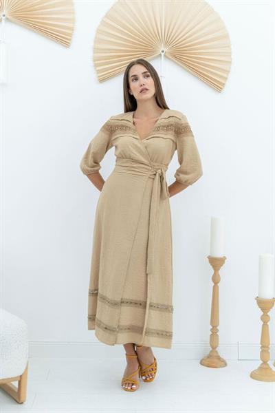 Vizon Dantel Detay Keten Elbise