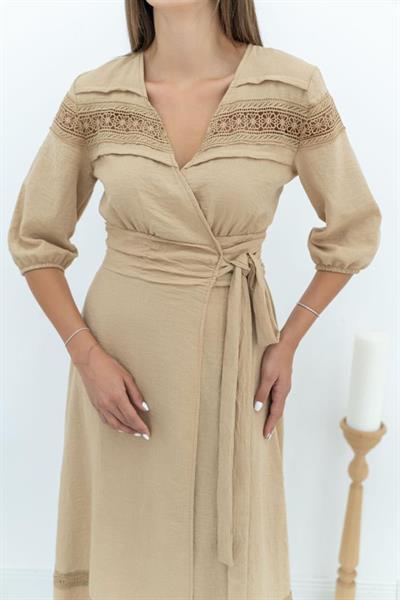 Vizon Dantel Detay Keten Elbise