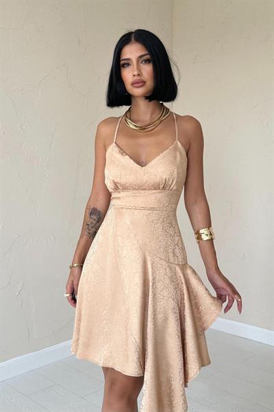 Vizon Jakarlı Asimetrik Elbise