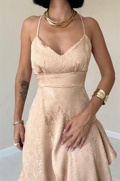 Vizon Jakarlı Asimetrik Elbise