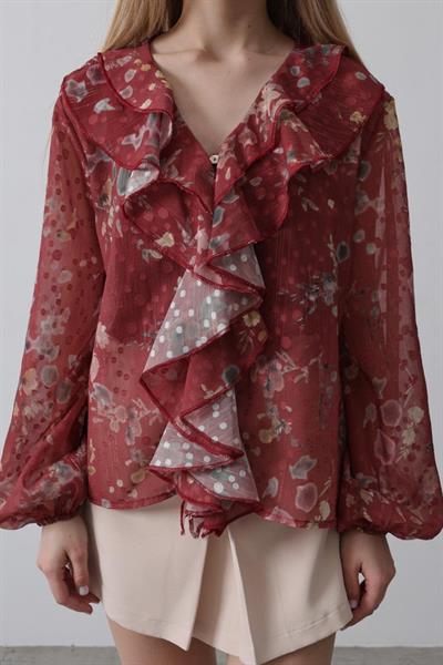 Volanlı Çiçek Desen Şifon Gömlek - Bordo