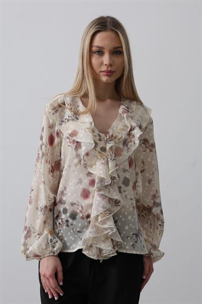 Volanlı Çiçek Desen Şifon Gömlek - Krem