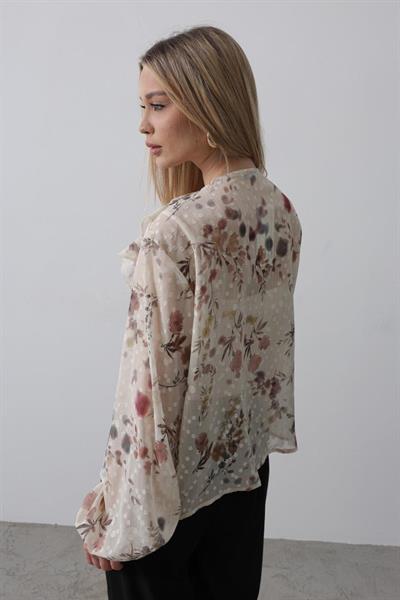 Volanlı Çiçek Desen Şifon Gömlek - Krem