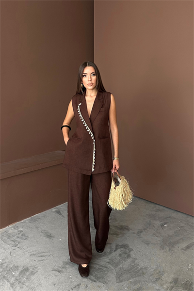 YAKA MİDYE KABUĞU SIRALI YELEK - PANTOLONTAKIM KETEN KUMAŞ - Kahverengi