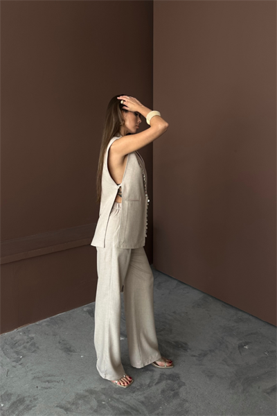 YAKA MİDYE KABUĞU SIRALI YELEK - PANTOLONTAKIM KETEN KUMAŞ - Ham