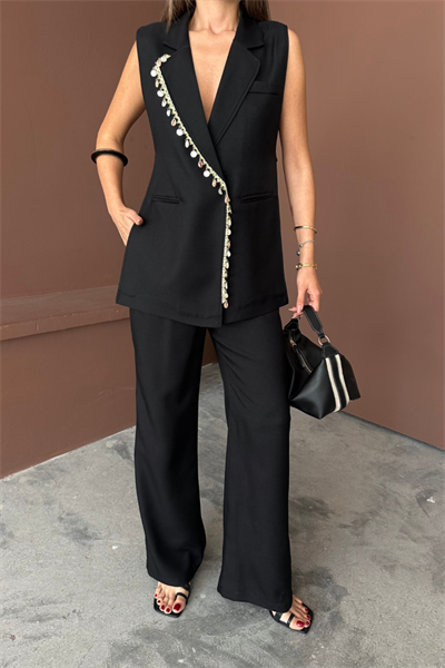 YAKA MİDYE KABUĞU SIRALI YELEK - PANTOLON  TAKIM KETEN KUMAŞ - Siyah