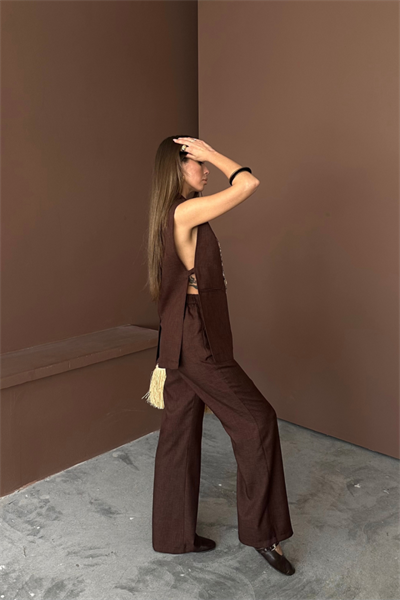 YAKA MİDYE KABUĞU SIRALI YELEK - PANTOLONTAKIM KETEN KUMAŞ - Kahverengi