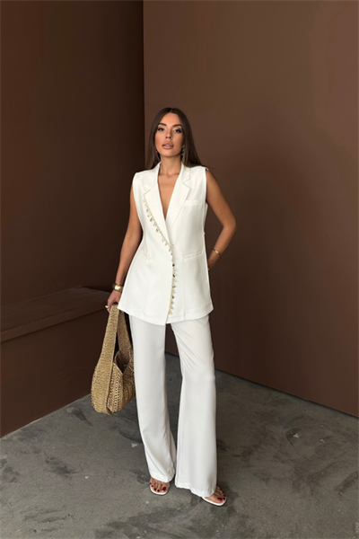 YAKA MİDYE KABUĞU SIRALI YELEK - PANTOLONTAKIM KETEN KUMAŞ - Beyaz