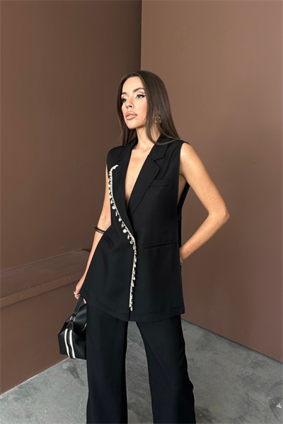 YAKA MİDYE KABUĞU SIRALI YELEK - PANTOLON  TAKIM KETEN KUMAŞ - Siyah