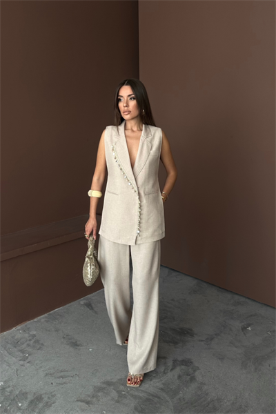 YAKA MİDYE KABUĞU SIRALI YELEK - PANTOLONTAKIM KETEN KUMAŞ - Ham