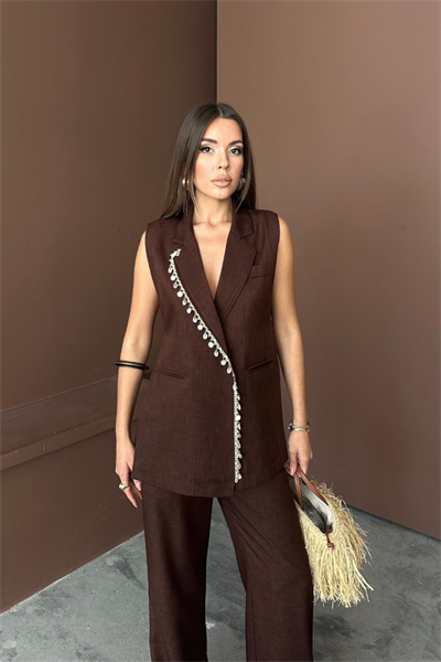 YAKA MİDYE KABUĞU SIRALI YELEK - PANTOLONTAKIM KETEN KUMAŞ - Kahverengi