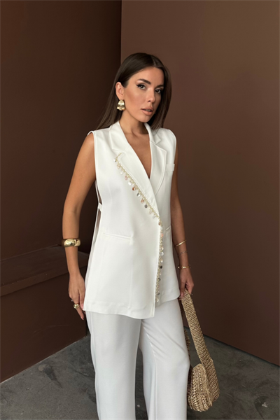 YAKA MİDYE KABUĞU SIRALI YELEK - PANTOLONTAKIM KETEN KUMAŞ - Beyaz