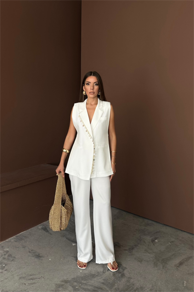 YAKA MİDYE KABUĞU SIRALI YELEK - PANTOLONTAKIM KETEN KUMAŞ - Beyaz