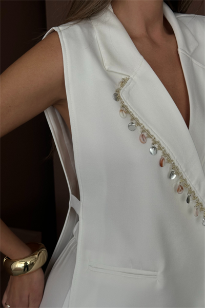 YAKA MİDYE KABUĞU SIRALI YELEK - PANTOLONTAKIM KETEN KUMAŞ - Beyaz