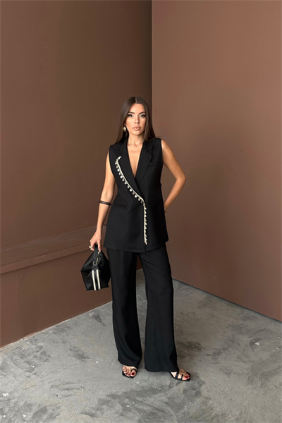 YAKA MİDYE KABUĞU SIRALI YELEK - PANTOLON  TAKIM KETEN KUMAŞ - Siyah