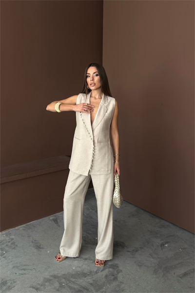 YAKA MİDYE KABUĞU SIRALI YELEK - PANTOLONTAKIM KETEN KUMAŞ - Ham