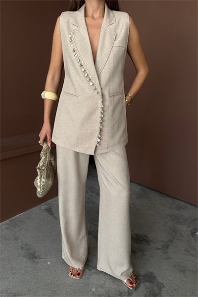 YAKA MİDYE KABUĞU SIRALI YELEK - PANTOLONTAKIM KETEN KUMAŞ - Ham