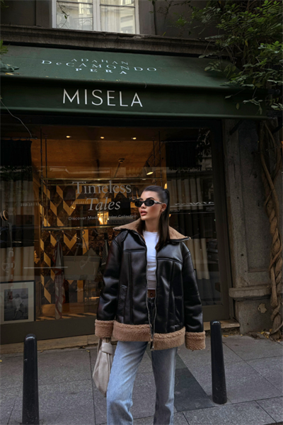 YAKA VE KOL MANŞET KÜRK DETAYLI DERİ MONT - Siyah-Taba