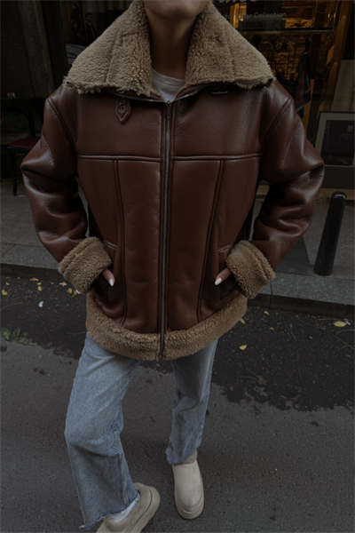 YAKA VE KOL MANŞET KÜRK DETAYLI DERİ MONT - Taba