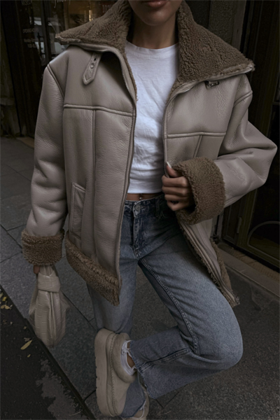 YAKA VE KOL MANŞET KÜRK DETAYLI DERİ MONT - Vizon