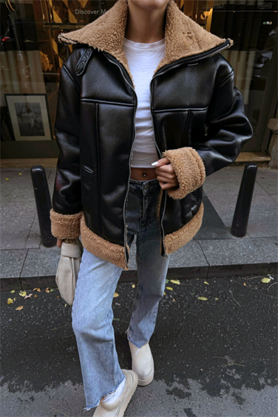 YAKA VE KOL MANŞET KÜRK DETAYLI DERİ MONT - Siyah-Taba