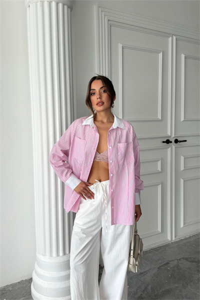 YAKA VE MANŞET BEYAZBOYFRİEND ÇİZGİLİPOPLİN GÖMLEK - Pembe