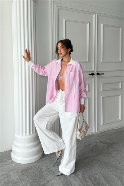 YAKA VE MANŞET BEYAZBOYFRİEND ÇİZGİLİPOPLİN GÖMLEK - Pembe