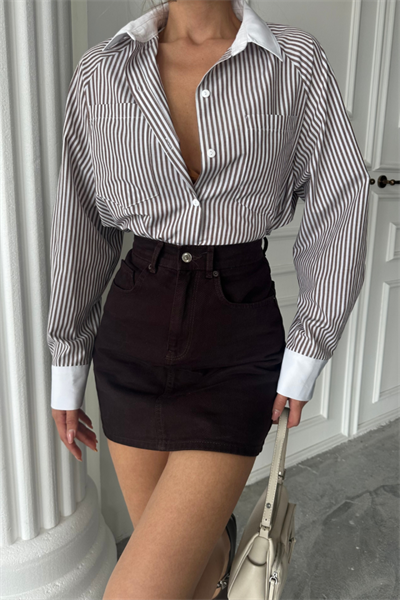 YAKA VE MANŞET BEYAZBOYFRİEND ÇİZGİLİPOPLİN GÖMLEK - Kahverengi