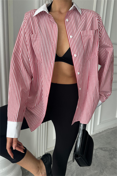 YAKA VE MANŞET BEYAZ  BOYFRİEND ÇİZGİLİ  POPLİN GÖMLEK - Bordo