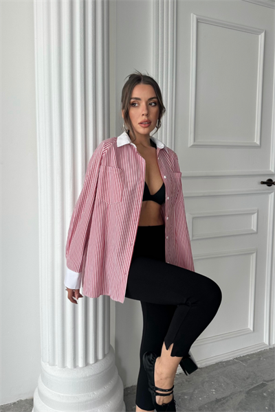 YAKA VE MANŞET BEYAZ  BOYFRİEND ÇİZGİLİ  POPLİN GÖMLEK - Bordo